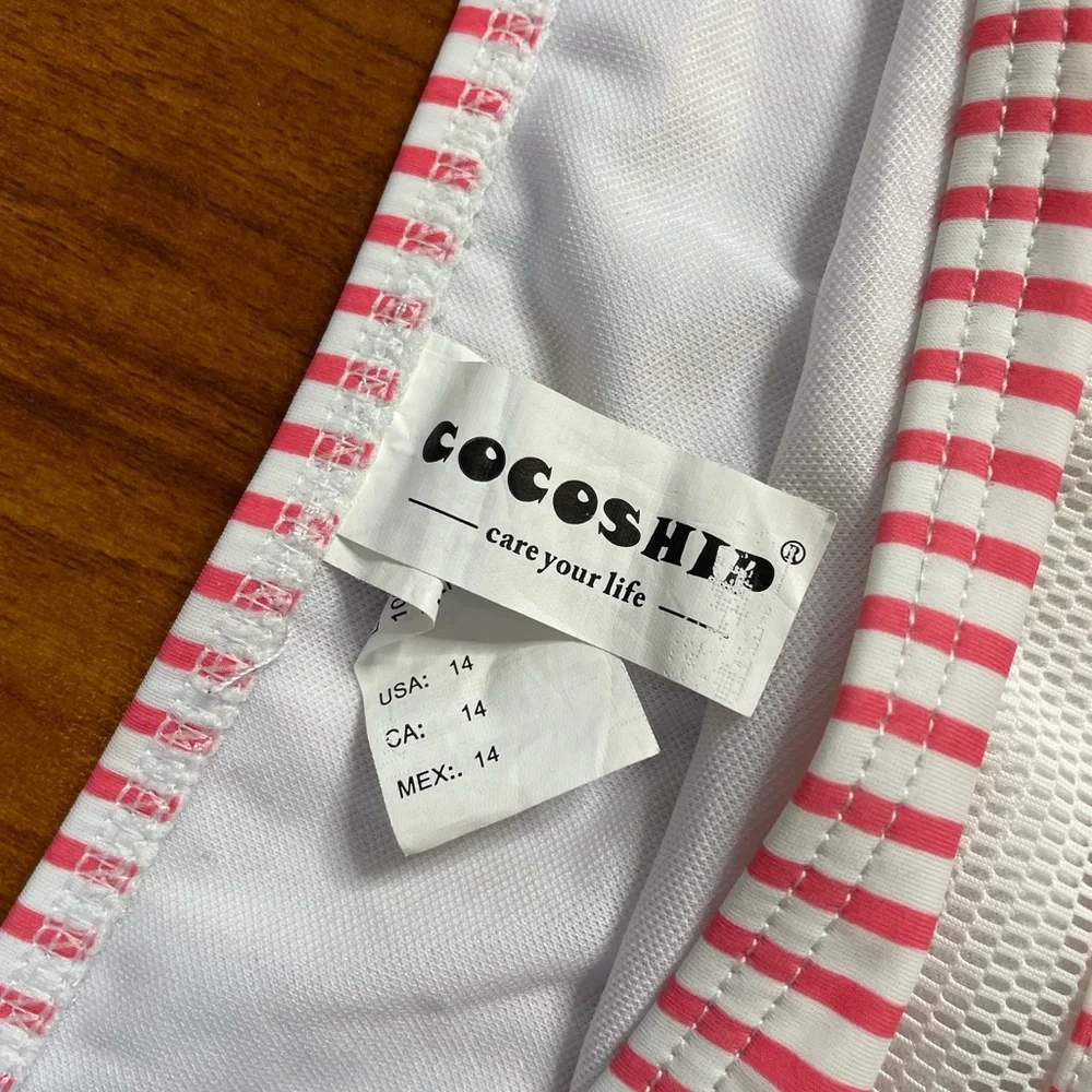 COCOSHIP Boho Pom Pom High Waist 2 PIECE BIKINI Pink Stripes Size 14 - Picture 7 of 9